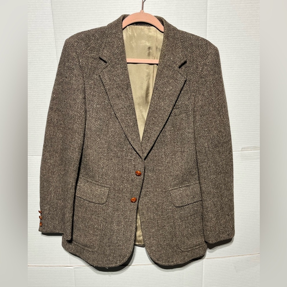 BROWN‎ TWEED 100% PURE NEW WOOL MENS BLAZER CLASSIC ICONIC WOOD BUTTONS M 38-40